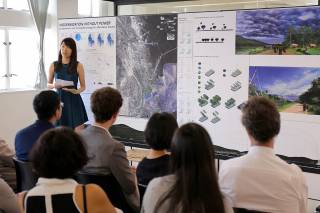 Chloe LIN Zhiqi defends her landscape planning proposal for more sustainable energy generation for villages along the Tanintharyi River during the Faculty of Architecture's Public Review, 2015.