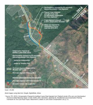 Example map of discrepancies between planned roads, construction impact, and plot boundaries marked for compensation. By Ashley Scott Kelly, 2019.