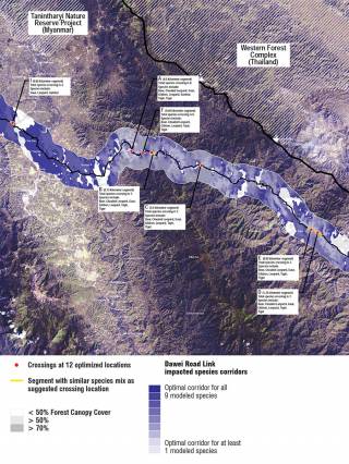Multi-species corridor models, a current challenge in landscape ecology, were optimized by the design team based on eight principles, including: maximizing species movement rates, minimum number of crossing per species, distance between crossings, cold spot reduction, and corridor continuity, 2016.