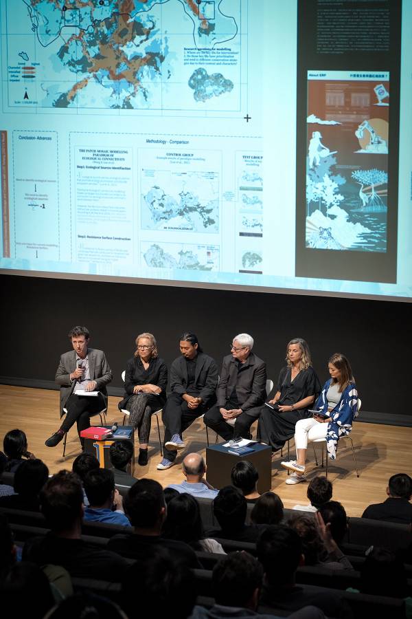 Design Trust Decade Talks, "Remapping Landscape, Heritage and Future", left to right: Ashley Scott Kelly, Stephanie Smith, Zhang Lei, Mihai Craciun, Kate Orff, Elaine Yan Ling Ng. By Yongki Sunarta, courtesy of Design Trust, 2024.