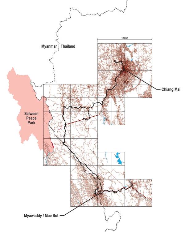Studio travel route (thick black line) from Chiang Mai to Mae Sot, Thailand. By Ashley Scott Kelly, 2023.