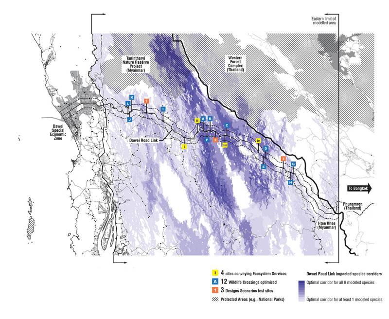 The Dawei Road Link, a planned 138-kilometer highway linking Bangkok to a 260-square-kilometer SEZ in Myanmar, bisects regional ecological corridors. This map shows the design team’s intervention sites used to convey landscape impacts, predict wildlife crossings, and test design strategies, 2016.